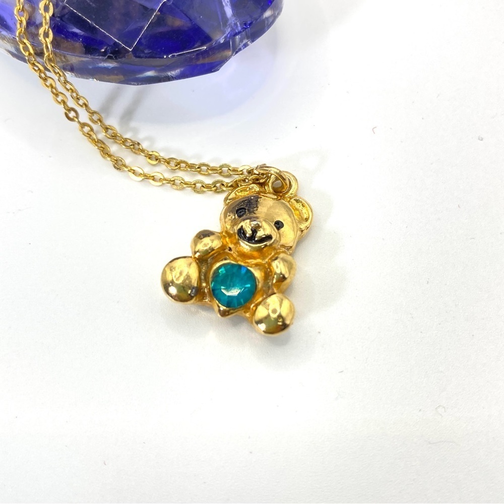 Teddy Bear Necklace Blue Rhinestone Goldtone Vintage
